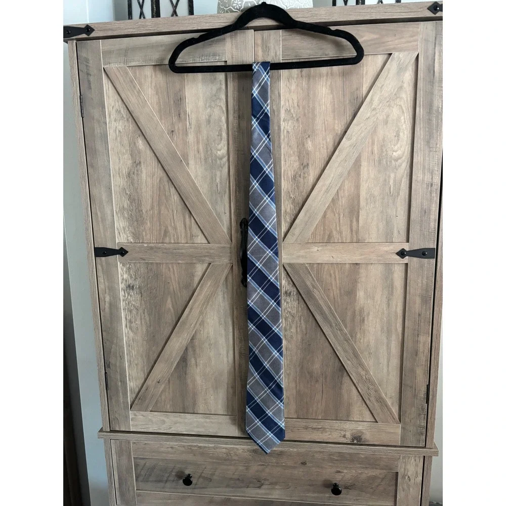 Nautica Mens Plaid Silk Blend Necktie Navy Blue Grey White Check Tie